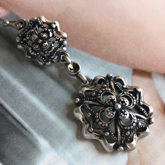 Antiquated Silver Heirloom Double Drop Earrings - Picture 3 of 16